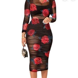 Black Sheer Dress with Red Rose Print